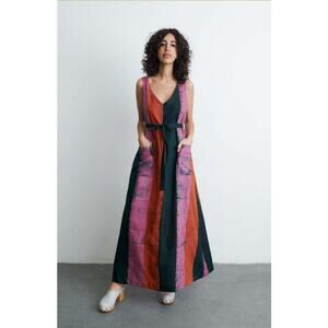 Osei Duro Carmine Torium Multicolor Waist Tie Linen Dress Size XS